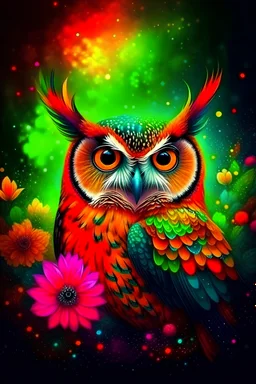 fantasy owl, abstract ethereal flowers, vibrant colors