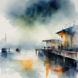 Rainy day scene at a pier, by John Lovett, mind-bending watercolor illustration; moody, cool colors, landscape, raining, wet surfaces