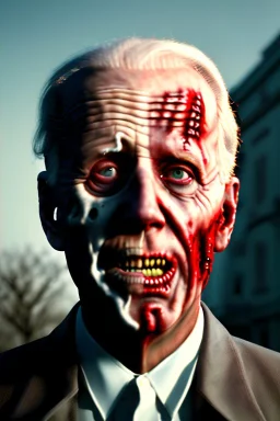 Ultra realistic image, joe biden zombie, zombie performance, blood, torn arm, night, walking twisted, waist up view, walking dead style, dark ambient, highly detailed, White House background, concept art, unreal engine 5, god rays, ray tracing, RTX, lumen lighting, ultra detail, volumetric lighting, 3d, finely drawn, high definition, high resolution.