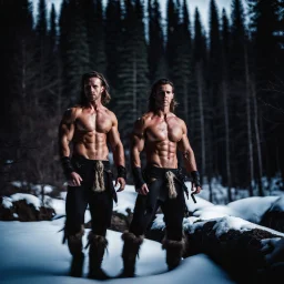 two Handsome and muscular 30 year old shirtless mountain men , dark fantasy, snowy forest