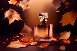 generate me an aesthetic photo of perfumes for Perfume Bottles with Falling Autumn Leaves