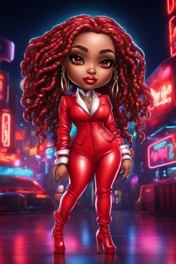 Create a digital airbrush chibi cartoon of a white curvy female wearing a red leather suit with red heels. Prominent make up with brown eyes. Highly detail black shiny locs that flow down her back. Extra-long diamond hoop earrings and jewelry. Background of a night club with neon signs.