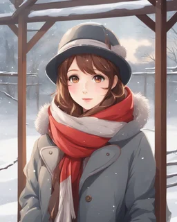 Medium view of girl with short brown hair in red hat and scarf, gray winter coat, snow in background, beautiful anime portrait