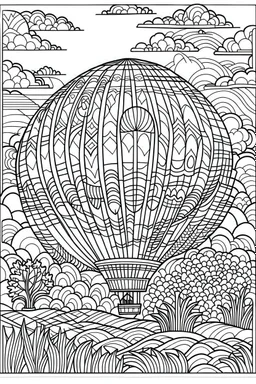 A colorful hot air balloon festival.coloring book page, simple and clean line art, adult drawing book, black and white, crisp black lines, no shades, sharp lines, coloring book for adults, cartoon style, landscape