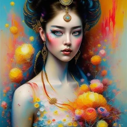 iv_a painting of a young woman, figurative art, an acrylic detailed painting, , brush strokes, paint drips and drabs and splatters by Harumi Hironaka, turquoise pink and yellow, james terrell art, trending on artstation, soft lines,intricate art by bastien lecouffe deharme and greg rutkowski