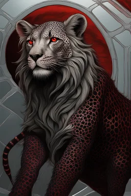 A new species of lion. It looks like a cheetah and a free crocodile Fur metabolism. Black red glowing tattoo. . And scales decorated with a foot. White legs and eyes standing on a glass floor.
