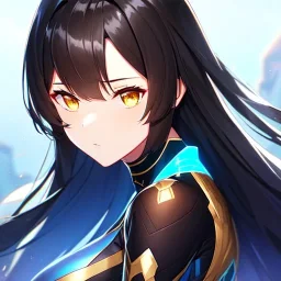 girl, masterpiece, best quality, volumetric lighting, detailed outfit, perfect eyes, black hair, golden eyes, long hair, body suit, looking behind,