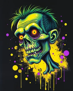 Airbrushed caricature of a horrific zombie, neon green and yellow with purple paint splatters on black background