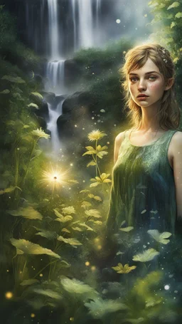 portrait of Alva in the garden, waterfall and elves ,lotsa wild weed, in spotlight, magazine cover illustration with spray paint, signed, bokeh like, down-light, unreal engine, prize winning