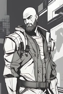 cyberpunk decker character with a bald head and a beard in the teen titans art style
