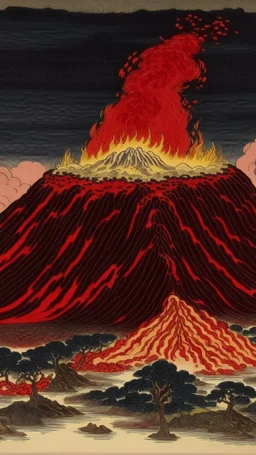 A dark red cinder volcano with chaotic fire painted by Katsushika Hokusai