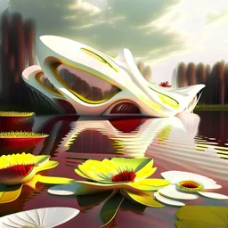 House on the lakefront water plants and yellow flowers red cream style Zaha Hadid white ink art creamy glasses creative hyper-detailed 8k