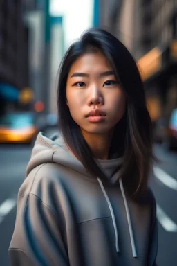 Beautiful young Asian woman wearing an oversized sweatshirt, standing in New York, hyper realistic, detailed face