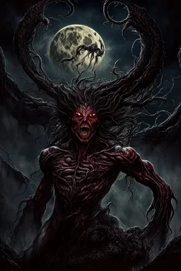 A dramatic digital painting portraying a horror monster under the Moon, veins pulsing, claws of temptation visible, soul in turmoil. In the style of Luis Royo and Boris Vallejo and Giger and Ridley Scott, vivid colors, swirling brushstrokes, highly detailed, 8k resolution, surrealistic., juicy emotions, painting, gloomy fantasy, gloomy day, dark world, portrait, wide strokes, a weaving frame around, by Ryohei Hase, Agnes Cecile, Raymond Swanland, Anne Bachelier