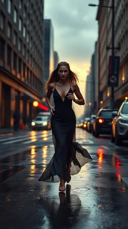 Female supermodel in elegant designer evening gown, running on wet, slippery city street at golden hour, with intense emotional expression, reminiscent of noir film stills, in the style of hyper-realistic digital artists like Simon Stalenhag, Ash Thorp, and Loish, with precise lighting and textures.
