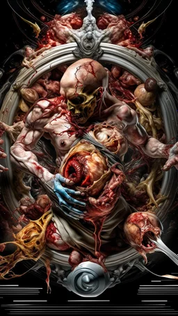 cinematic gore Bosch vs Dali style photorealistic photo of a mangled embryonic body wrestling itself in a fleshy vortex vortex, of anatomically fragmented, ripped apart again being flayed, skinned alive beating heart, muscles, blood vessels, bowels, entrails, capillaries, oozing puss are exposed. Visceral anatomy. physiology. Their face and body opens with a zipper. Bosch and Dali inspired hallucinations. mythology. grotesque.