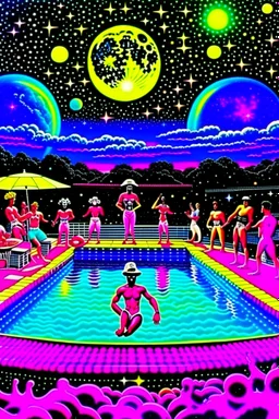 techno rave party in 80's with superstar dj playing and swimming pool on the moon full