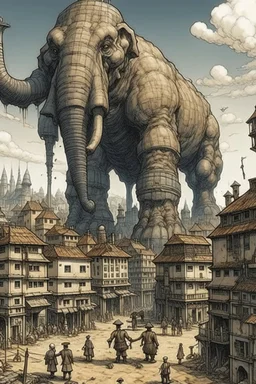 old timey city ridden with poverty being attacked by giants