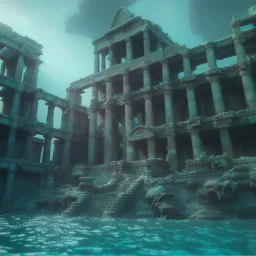 underwater, atlantis temple, ancient with elegant columns, steps, and vaults. the temple is abandoned and the water is murky and dark