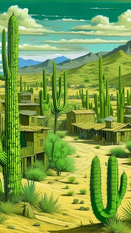 An olive green Western town with cactuses painted by Vincent van Gogh