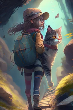 a girl and cat on a adventure, 4k, full detail, high resolution, digitalart