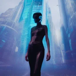 double exposure of a futuristic cyberpunk woman in an alien city by alessio albi --v 4