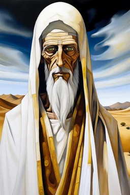 portrait of tall god looks like human but 4 times bigger than normal humans with shining eyes in full clothes, clothes like Arabs in desert. Their face is covered in white shall. by Picaso.