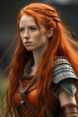 A warrior in medieval times. She is 17 years old and has long red orange hair that she usually keeps in a ponytail, her hair is big and spiky. She is built with strong muscles and a large chest.