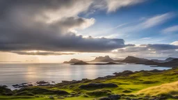 View on the Scottish island of Eigg, with beautiful sky, late afternoon spring sunshine, coast, sandy beach, sea, Rhum, craggy mountains, Sgurr, croft, calm, peaceful, tranquil, rule of thirds, beautiful composition, exquisite detail