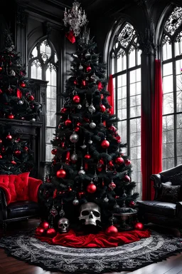 A goth style black Christmas tree placed in a big elegante living room next to a large gothic window with big red velvet curtains. The tree is adorned with numerous silver-black colored ornaments, Christmas burning garland, and on the top a big silver skull with lighting eyes, dark, crepy-stunning atmosphere. Deep color, red-black-silver and pine branch decorations in the room , pale lights, and various blac-silver-gold xmas gift boxes under the Christmas tree