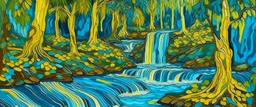 Tan mangroves with waterfalls designed in Scandinavian folk art painted by Vincent van Gogh