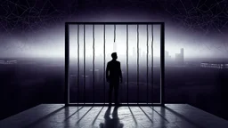 inner stands a human figure alone in an cube like cage with dense bars , in outside around in the distance big landscape with big city and many fade human figures in the city, dark purple, gray, black, white, brown. Whimsical style and surreal vibe, lonely with neuron network background, surreal stunning vibe
