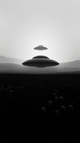 A field filled with aliens at the end of the picture a dark ufo object , cinematic, 8k, in black and white