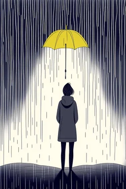 Ilustration of a woman standing alone in a storm , with rain pouring down around them