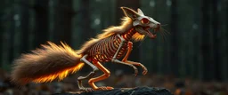 radiant elongated cowboy wooden werewolf squirrel Skeleton with fluffy fur, motion blur background dark forest