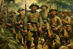 Japanese 1920 oil painting Fedra and the CRM but as Vietnam soldiers.