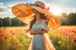 A young woman, elegantly adorned in a large summer hat and a flowing dress that matches the vibrant hues of the surrounding meadow, stands confidently in the center of a vast field. Her eyes are closed, a gentle smile playing on her lips as she feels the warm embrace of the sunshine and the tender kiss of a soft summer breeze. The meadow is a canvas of harmony, painted with a dazzling array of wildflowers that dance and sway in the little wind. The blue sky