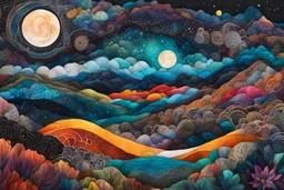 abstract fabric collage overlayed with Zentangle patterns that depicts the vastly diverse, rugged landscape of Nature beneath an ethereal, cosmic night sky, highly detailed, vibrant natural color, with bold ink outlining