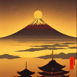 Ukiyo-e Style , mount fuji, sun set