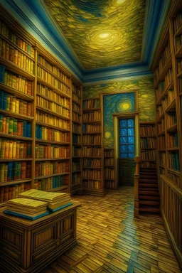 una biblioteca antigua con libros al estilo de van gogh