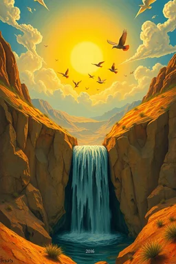 Hieronymus Bosch Style high quality picture waterfall in the desert birds hovering above sunny hot sky