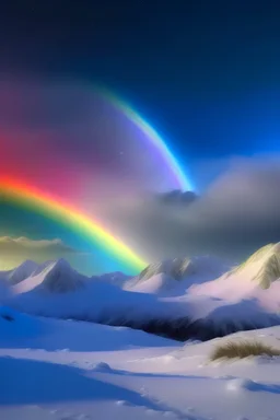 Ethereal rainbow over a snowy mountain range, with a full moon shining in the background, mystical, peaceful, serene, winter landscape, high detail..