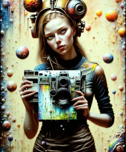 happy beautiful girl holding big proffesional camera in studio. street art, oil on canvas, spray paint, collage, letters, newspapeers, Dave McKean, Vladimir Fedotko, Saturno Butto, Vaughn Bodé, Frank Wu, James C. Christensen, collage, dirty, paint dripping, radiant