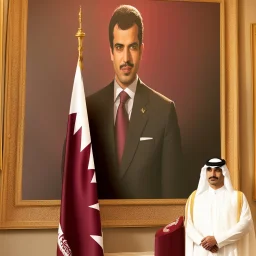 Prince Tamim bin Hamad with the flag of Qatar in the background