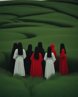 a group of no face women with mask standing on top of a lush green hillside, inspired by Ren Hang, design milk, long black hair, whites, wanderers traveling from afar, trending on artisation, cloning spell, coat pleats, in twin peaks, submarine, by Helen Thomas Dranga, symetry, round-cropped, noire photo