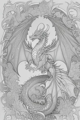 coloring book page of a flying dragon, mandalas