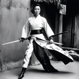 [photo of youthful Michelle Yeoh by helmut newton] The guardian stands tall, Kimono turned combat gear, Beauty wields power. A weapon in each hand: Skillful hands at work,Firearm and blade in balance, Enforcer's resolve. Her strength emanates, Ancient grace meets modern might, she attacks