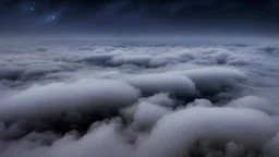 looking down from space at the mist and clouds, surrounded by the mist at night starry sky.