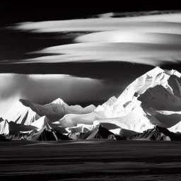 Ansel adams black & white Photo of denali in alaska, hyper realistic, zone system, even tones, rich gradients, dramatic lighting, 4k, volumetric rendering