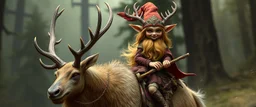 a gold ginger fluffy gnome female kobold stag gremlin that looks like the opposite of a vampire in bunad riding an elk